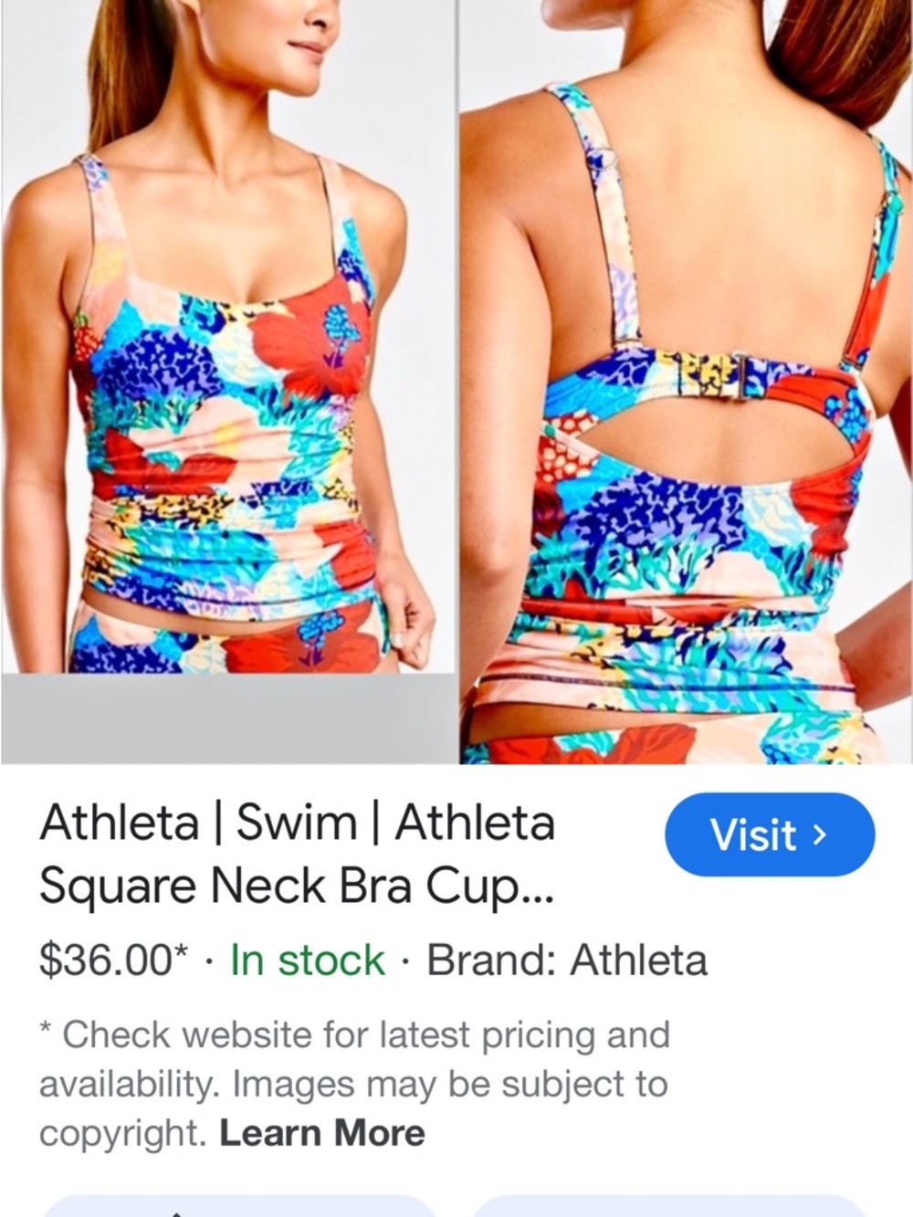 Athleta Women’s Swimsuit Bathing Suit Cream Multi Floral Tankini Top 34 B/C S/M - Picture 2 of 11